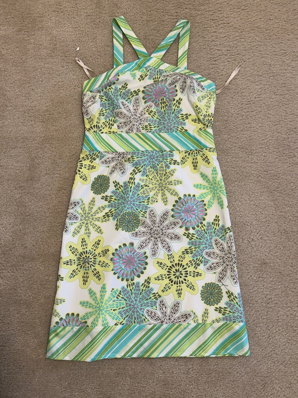 Vintage 2000 Floral Stripe Dress in Green Multi
